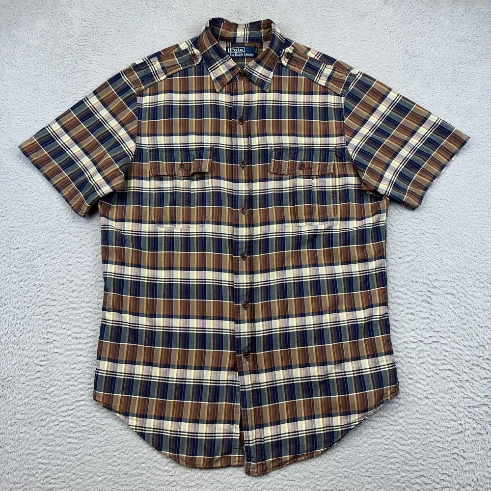 Polo Ralph Lauren Shirt Mens Medium Brown Blue Plaid Short Sleeve Button Up‎